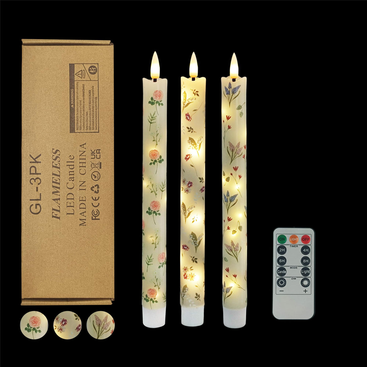 Gedengni Floral Candles Remote Candlesticks-10inches Timer Flickering Battery Operated Candle Chinoiserie LED Taper Candles Lights for Home Wedding Tea Party Windows Decor,3PCS-RFL