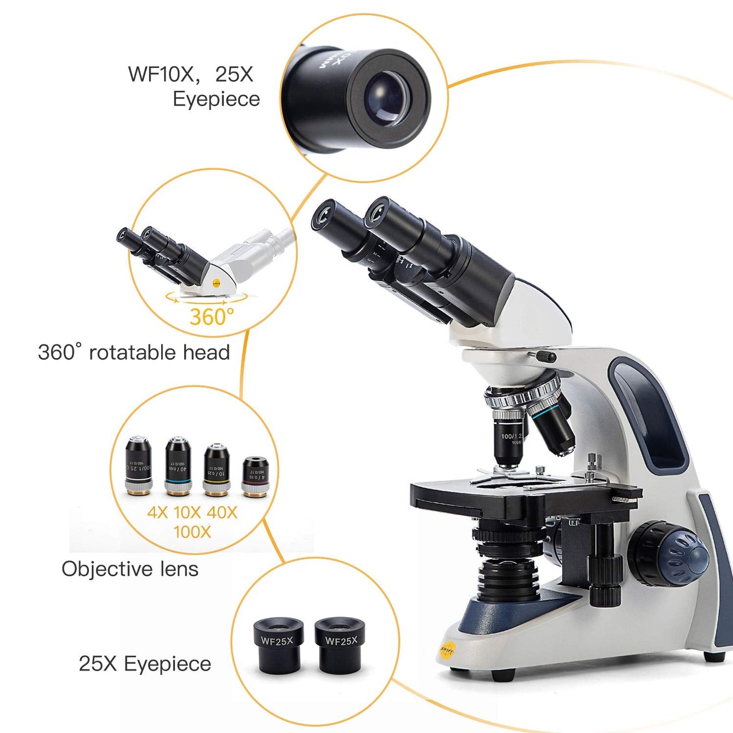 SWIFT SW380B 40X-2500X Magnification, Research-Grade Binocular Compound Lab Microscope, Mechanical Stage, with 5.0 mp Camera and Software Windows/Mac Compatible and 100pcs Blank Slides