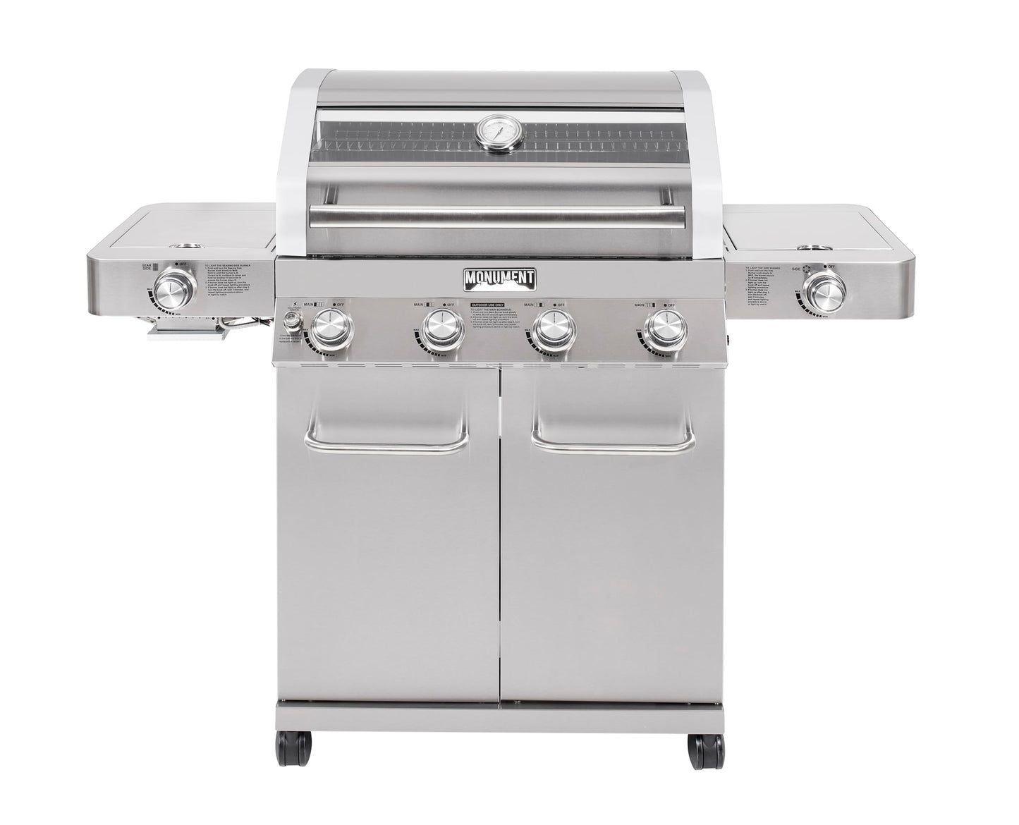 Monument Grills Larger 4+2 Burner Propane Gas Grills Stainless Steel Cabinet Style with Clearview® Lid, Knob Controls, Built-In Thermometer, Infrared Side Sear Burners & Side Burners, Outdoor Use