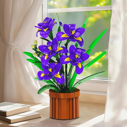 Flowers Botanicals Iris Building Set - Easter Artificial Purple Bonsai Plant for Home Office Décor 808PCS Flower Building Kit Indoor Decoration Floar Gift for Adults Wife Girlfriend Mom