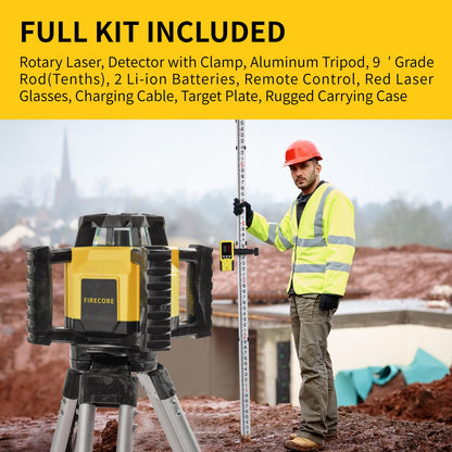 Firecore Self-Leveling Dual Slope Horizontal Rotary Laser Level Kit, 1969-Foot Range, IP55 Rated, Includes Tripod, Grade Rod, Detector, 2 Batteries, Carrying Case, and Accessories