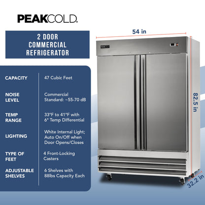 PEAKCOLD Double Door Commercial Refrigerator, 47 Cu. Ft., 54" W Stainless Steel Reach-In Upright Refrigerator, Adjustable Shelves, Auto Defrost, Digital Thermostat, Freestanding Industrial Fridge