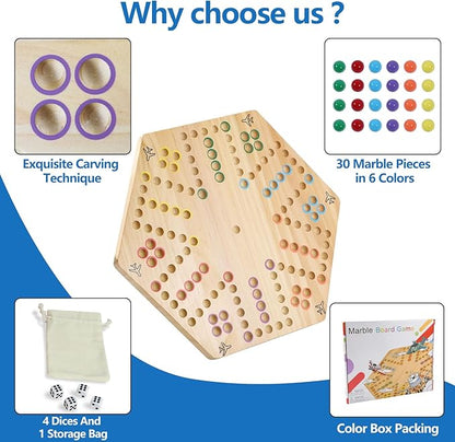 Original Marble Game Wahoo Board Game Double Sided Painted Wooden Fast Track Board Game for Friends and Party 6 and 4 Players 6 Colors 24 Marbles 6 Dice