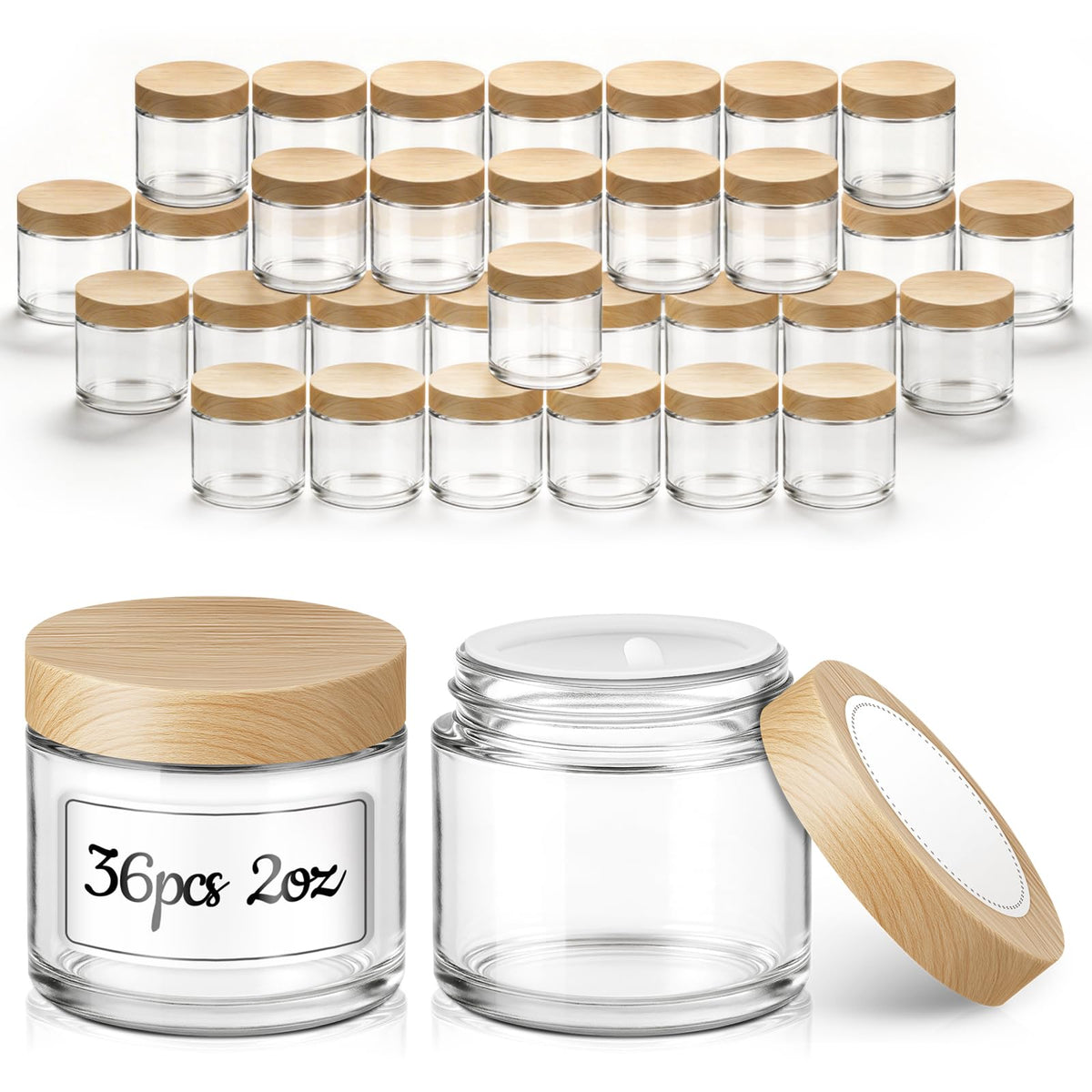 2 oz Glass Jars with Lids, 36 Pack Clear Small Glass Jars with Woodgrain Lids Leakproof Round Airtight Empty Cosmetic Travel Containers with Inner Liners for Lotions Powders and Candle Making
