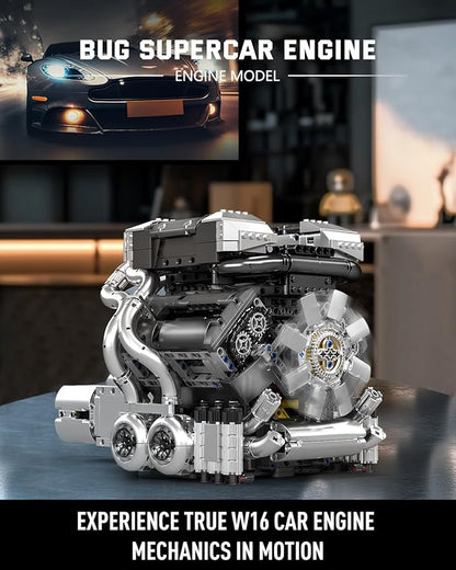 Mould King 10201 W16 Engine Model Kit MOC Bug Supercar Engine Model with Battery and Motor Collectable 16-Cylinder Car Engine Transmission Shiftable Gear Operation for Adults (2024+ PCS)