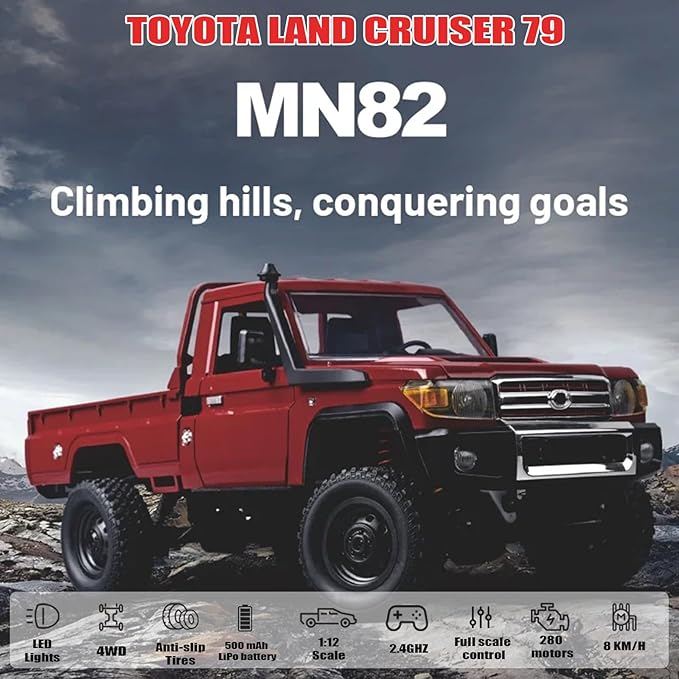 RC Crawler 1:12 Scale MN82 RC Crawler 4WD LC79 Land Cruiser Rock Crawlers with Lights Speed Adjustment Servo Tires 2.4Ghz RTR RC Rock Truck for Teens Adults(Red)
