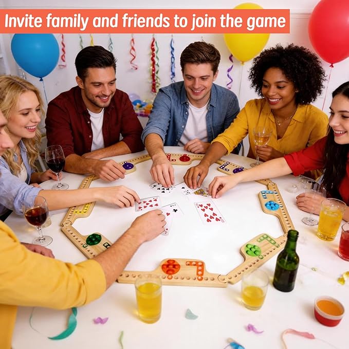 Marbles and Jokers Board Game Pegs and Jokers Real Solid Wood (Pine) Game Board Wooden for 2-8 Players 8 Game Boards 8 Colors 40 Marbles 4 Boxes Card