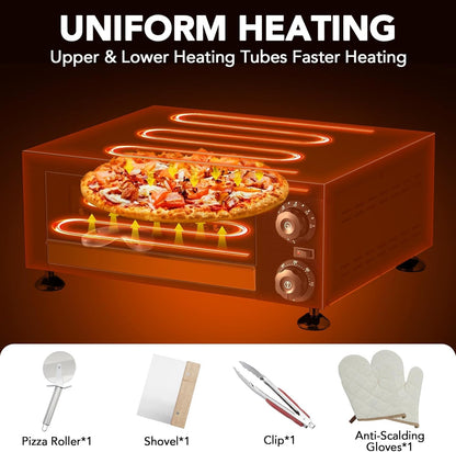Heavy-Duty 12" Commercial Pizza Oven with Viewing Window | 1100W Stainless Steel Sealed Chamber & Timer | for Fast Food, Catering, Mall Kiosk | Countertop Electric Baking System