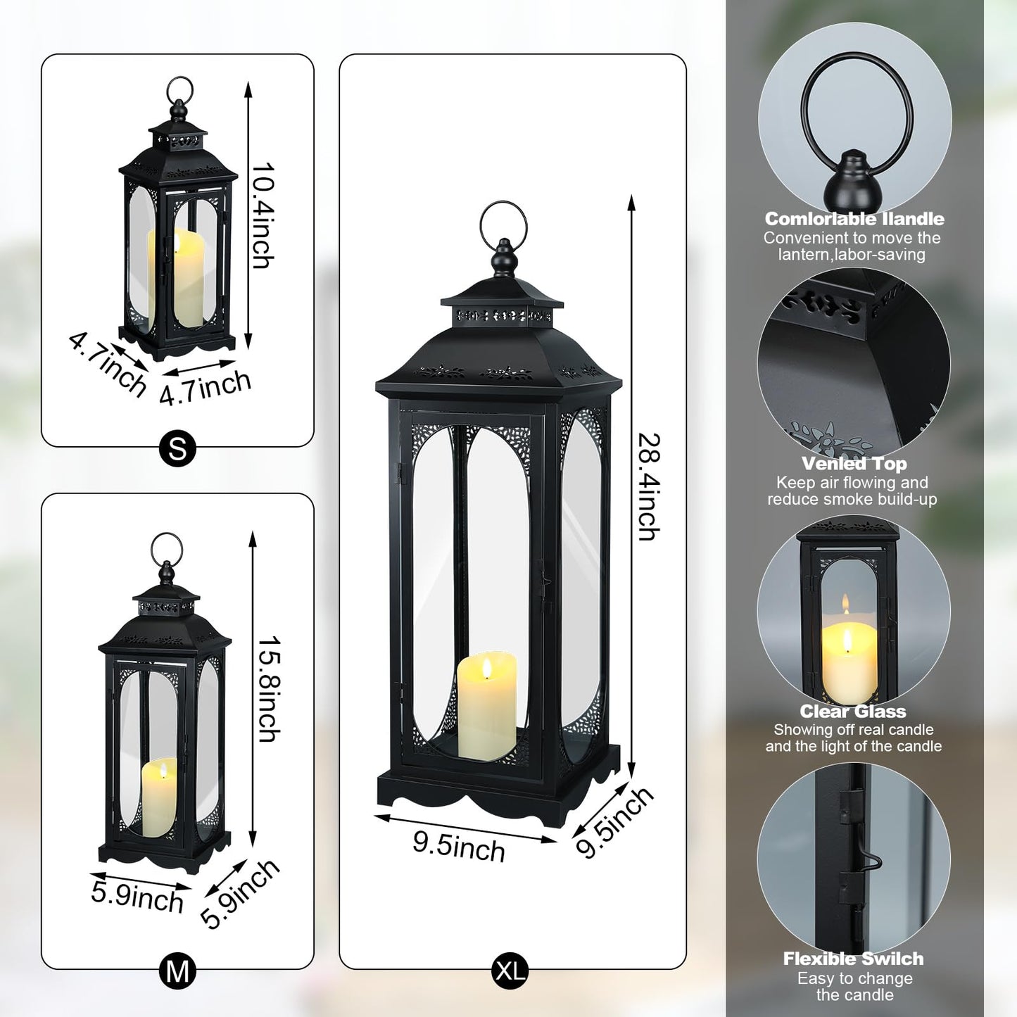 Mifoci Jumbo Black Metal Decorative Lanterns with Clear Glass Panel Hurricane Candle Lantern for Home Decor Party Event Tabletop Front Porch Wall Hanging Indoor Outdoor(3 Pcs,28'' 20'' 14'')