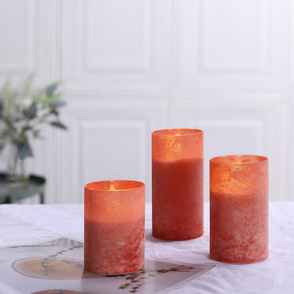 Flickering Flameless Candles - Sandblast Glass Battery Operated with Remote and 2/4/6/8 H Timer, Set of 3 LED Pillar Candles (D3"xH 4"5"6")with Realistic Wax Candles for Home Decor (Sandblast Orange)