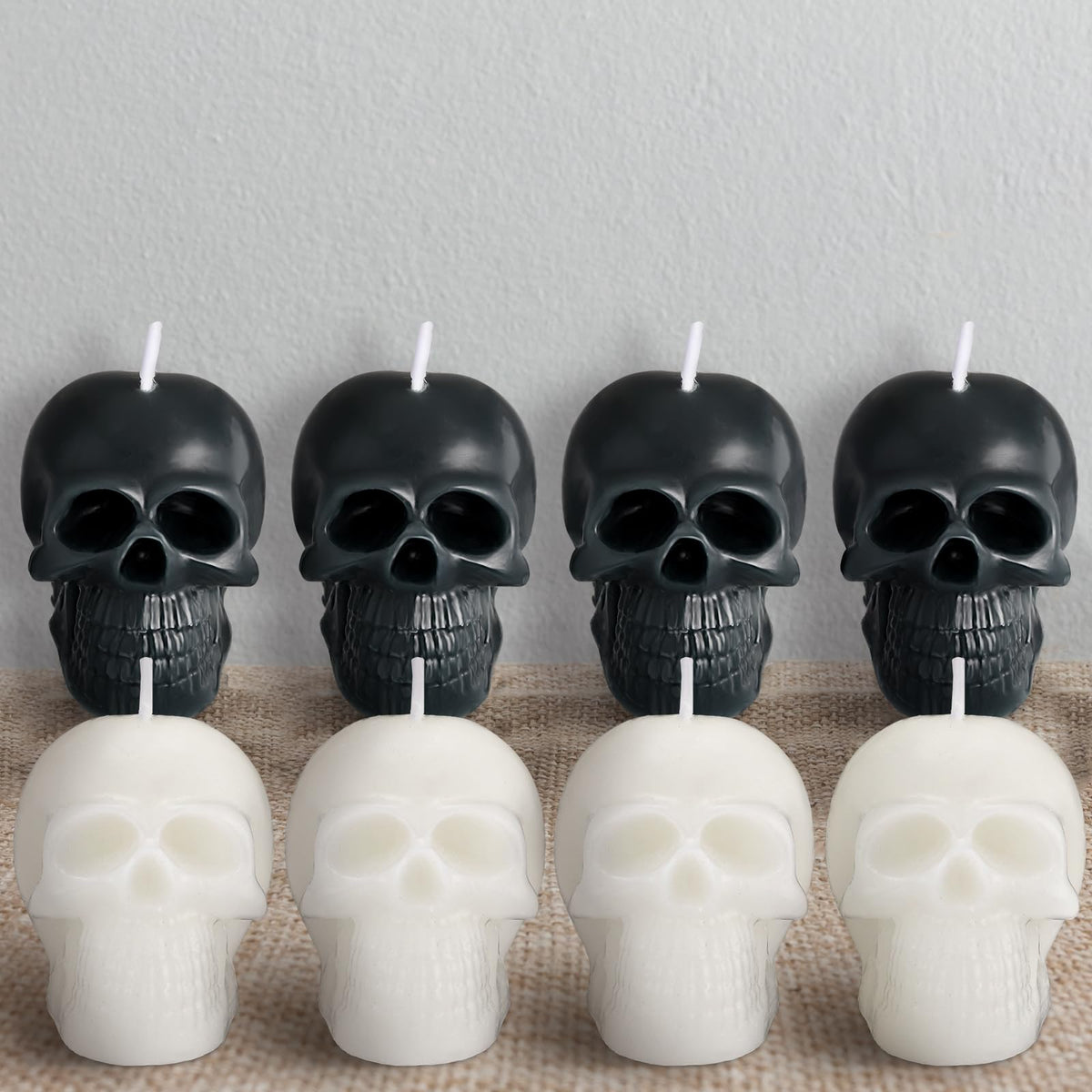 Nuanchu 8 Pcs Goth Skull Candles Set Black White Gothic Candles Vegetable Wax Candlestick Goth Home Decor for Halloween Xmas Haunted House Decoration