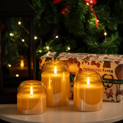 volnyus Gold Glass Flameless Candles with Remote Battery Operated Flickering LED Pillar Candles Real Wax 3D Wick Φ4 H 4" 5" 6"