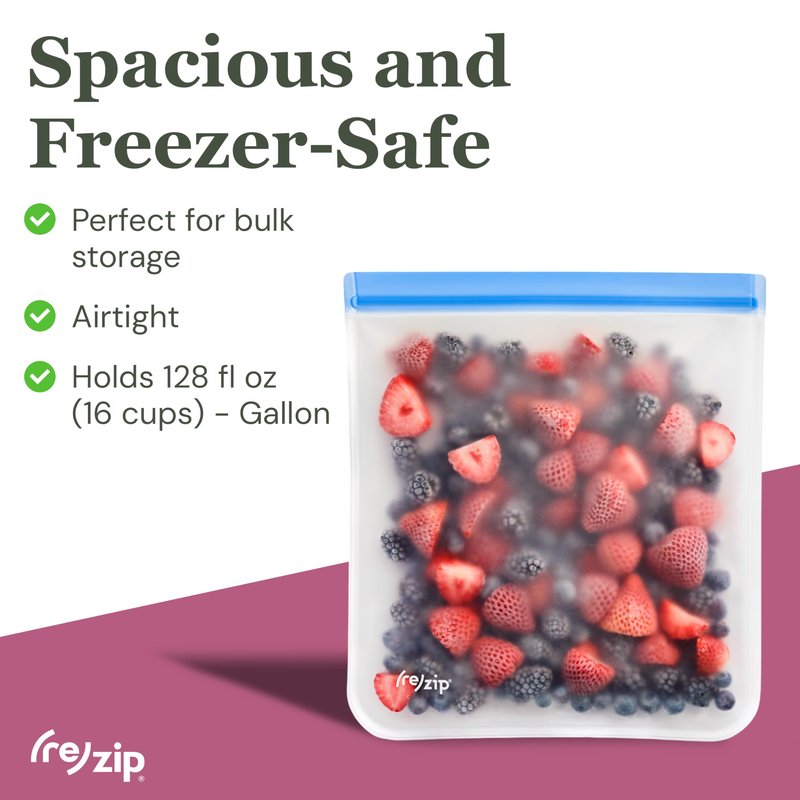 (re) zip Gallon Reusable Bags – BPA-Free, Leak-Proof, 100% Food-Safe PEVA Reusable Gallon Bags for Food Storage, Meal Prep, and Freezer Use, Holds 16 Cups / 128 Fl Oz | 4-Pack (Multi Color)