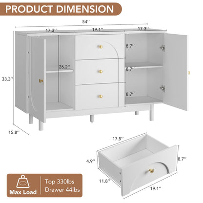 OneBlis Buffet Cabinet with Drawers, 54" Large Sideboard Buffet Storage Cabinet with Adjustable Shelves and Doors, Modern Coffee Bar Station Kitchen Table for Kitchen, Dining Room, White