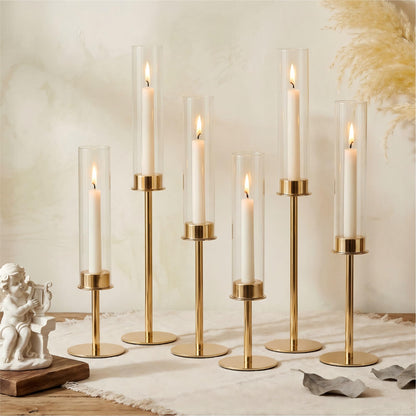 Ronasip Hurricane Candle Holders Metal Candlestick Holder for Glass Taper Tall Candle Holders with Candles Stands for Home Decor, Christmas, Dinning, Wedding, Housewarming Gifts (6, Gold)