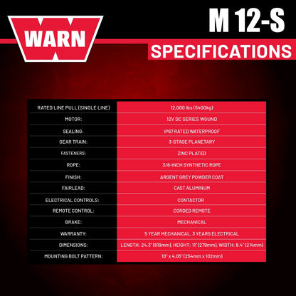 WARN M12-S Electric 12V Heavyweight Winch – 12,000 lb Pulling Capacity, Synthetic Rope, Sealed Motor, IP68 Waterproof, All-Metal Gear Train for Off-Road Recovery & Industrial Use