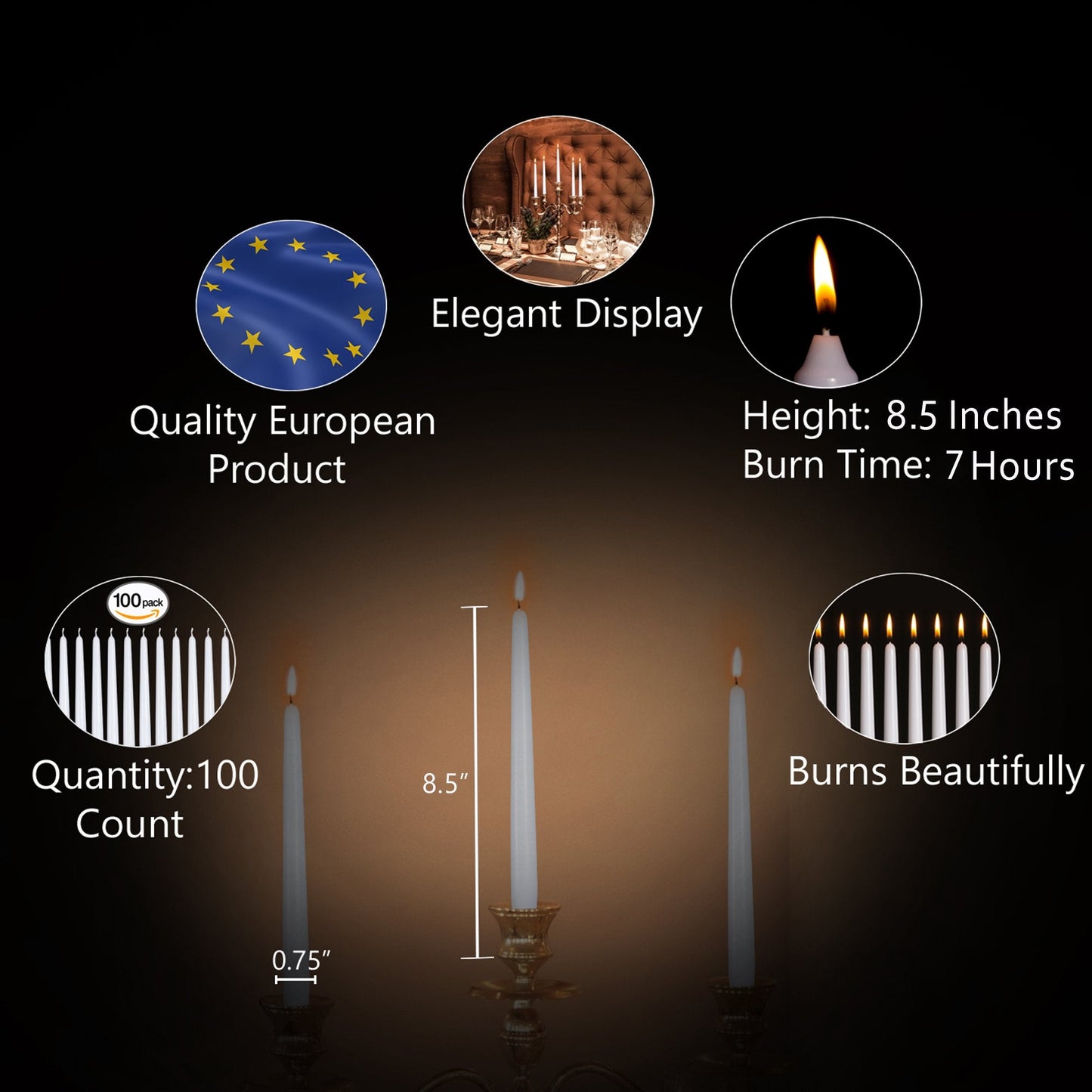 Ner Mitzvah 100 Pack Tall Taper Candles - 8.5 Inch White Dripless, Unscented Dinner Candle - Paraffin Wax with Cotton Wicks - 7 Hour Burn Time