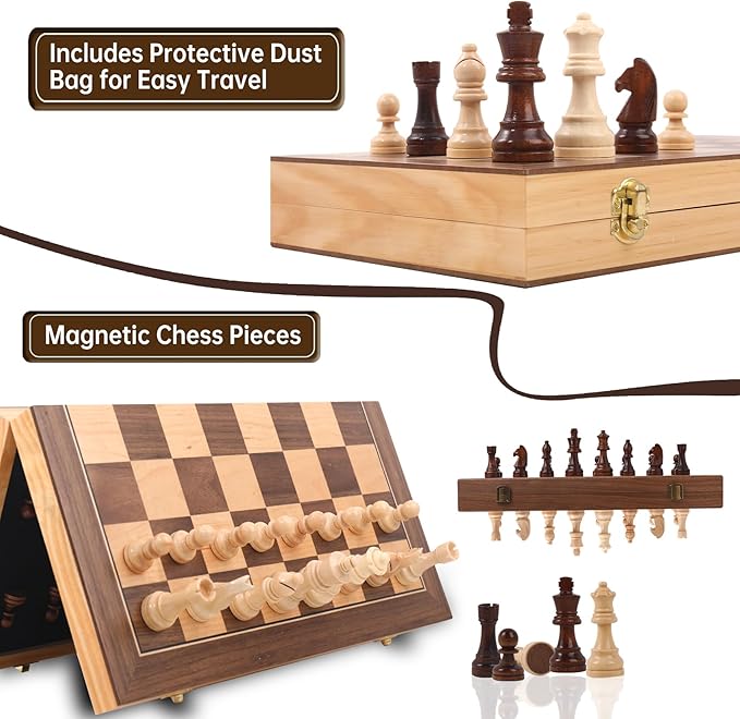 15 Staunton Chess Set with Travel Case - Professional Tournament Wooden Board 2 Extra Queens &amp Storage Bag for Dad Portable Magnetic Chess Game for Camping/Clubs