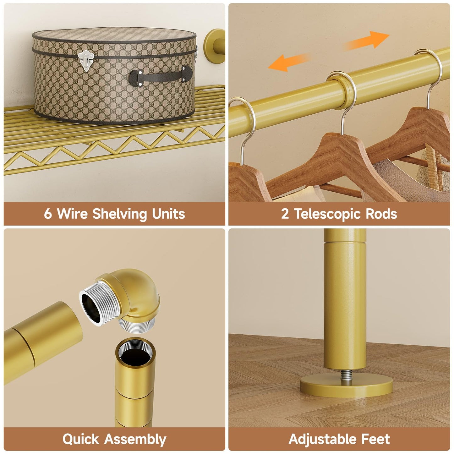 Wall Mounted Garment Rack, Walk-in Closet System with 2 Expandable Rods, 6 Adjustable Shelves, Industrial Pipe Clothing Racks, Hanging Clothes Organizers and Storage, Metal Closet Shelving Gold