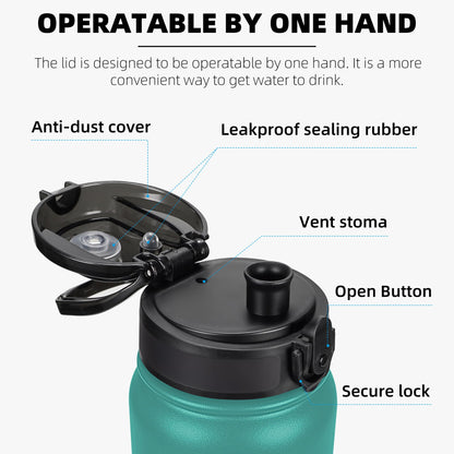 Fanhaw 20 Oz Insulated Stainless Steel Water Bottle with Chug Lid - Leak & Sweat Proof with Anti-Dust Lid (Green Blue)