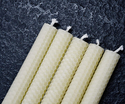 DEYBBY Natural Beeswax Taper Candles,8inch Dripless and Smokeless White Bee Wax,4Hour Burn Time Flat Top (Pack of 6)