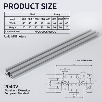 12pcs 1220mm 2040 V-Slot Extrusion Aluminum Profile, Anodized Linear Rail for 3D Printer Frame, CNC Machine, DIY Robotics & Structural Projects Silver