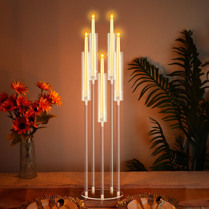 Barydat 4 Pcs Acrylic Candelabra Centerpieces Clear Taper Candle Candlestick Holder Crystal 5 Arm Candlesticks Holder with Acrylic Shade Pillar Fit 0.87" LED Candle for Wedding Dinner Party (Clear)