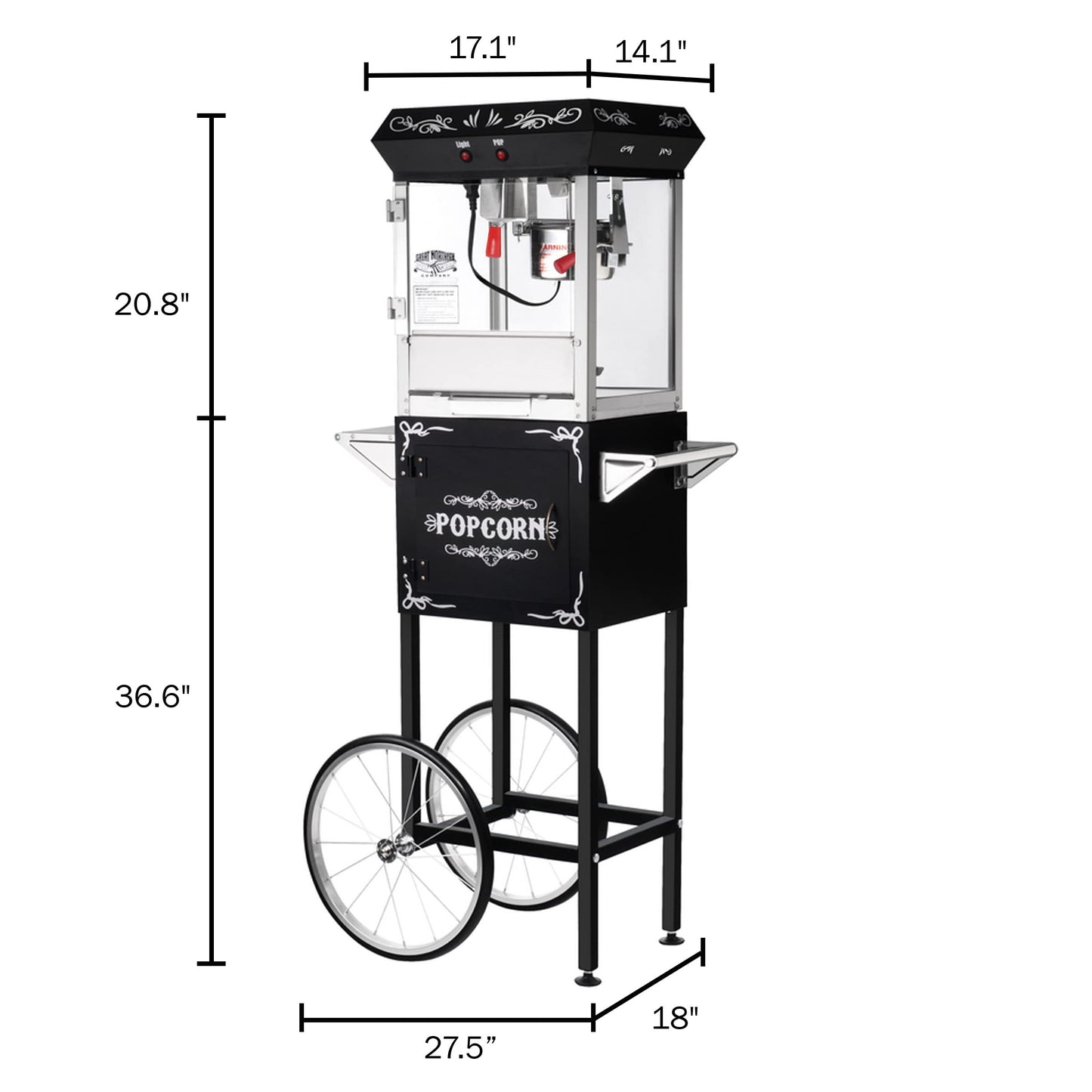 Popcorn Machine with Cart - Foundation 6oz Popper with Stainless-Steel Kettle, Heated Warming Tray, and Old Maids Drawer by Great Northern Popcorn (Black)