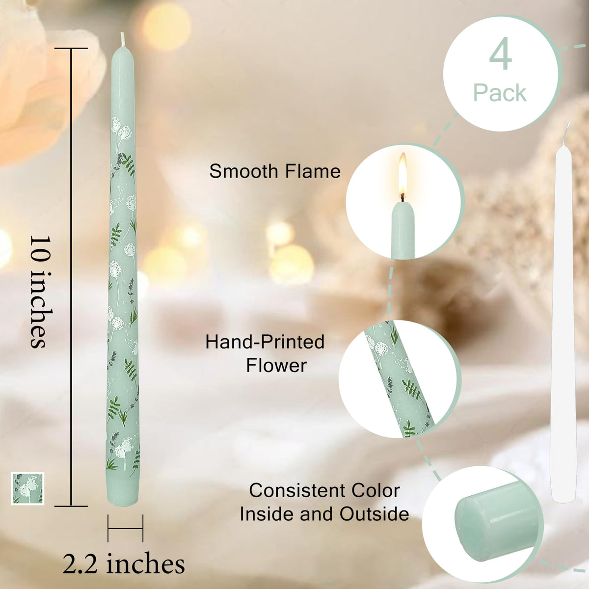 10 inch Blue Taper Candles Set of 4 - Dandelion Taper Candles Smokeless Candle - Slow Burning Candle Sticks for Home Wedding Dinner Holiday Party