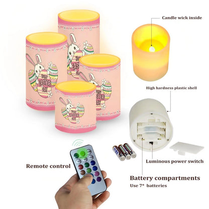 NETILGEN Happy Easter Day Decor Flameless Candles Electric Candle Set of 4 Easter Cute Bunny Print Flickering Candles with Timer Remote for Indoor Outdoor Holiday Decoration