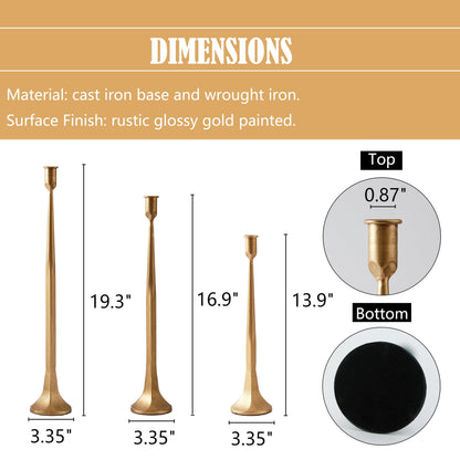 Denique Iron Taper Candle Holder Set of 3, Gold Candlestick Holders 19.3”17” 14” Heightening Decorative Candle Stand Set for Wedding, Dining Table, Home Decoration (Gold)