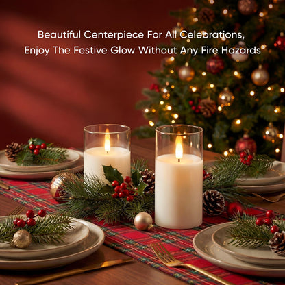 Amagic 3"x4"6" Clear Glass Flameless Candles Battery Operated with Timer, Remote Control, LED Pillar Candles, Battery Powered, Valentine's Day Decor, Pure White Wax, Set of 2