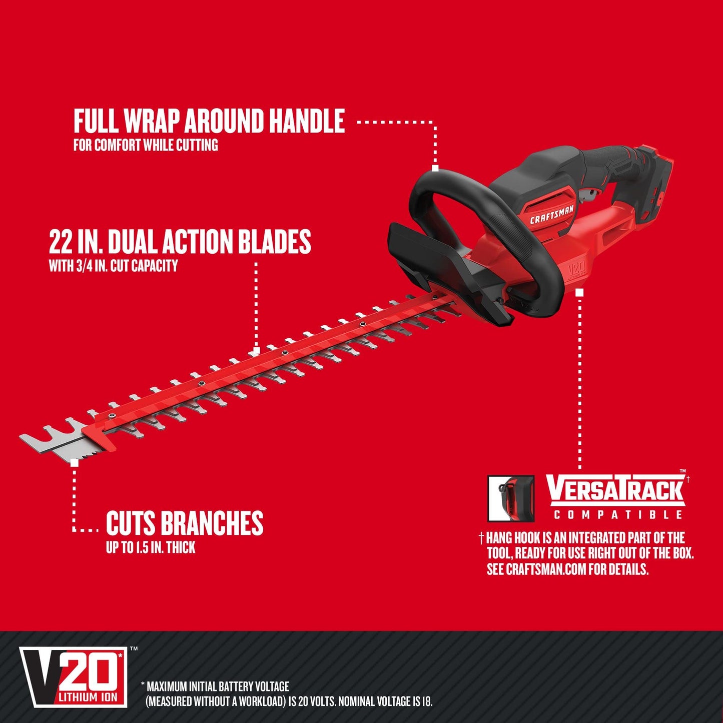 CRAFTSMAN V20 Cordless Hedge Trimmer, 22 inch, Bare Tool Only (CMCHTS820B)