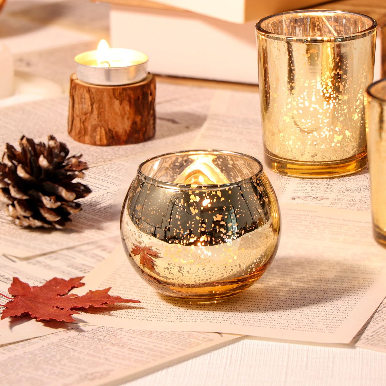 DEVI 48PCS Assorted Gold Votive Candle Holders Bluk, Gold Wedding Decorations, Mercury Glass Candle Holder for Tea Lights, Christmas Party Diwali Centerpieces for Table, Wedding Party Supplies