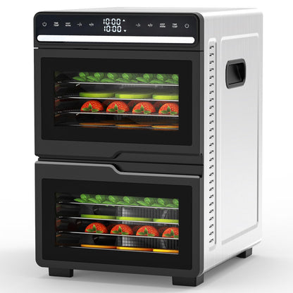 Dual Chamber Food Dehydrator, 12 Stainless Steel Trays, 1100W, Independent Temperature & Time Control for Two Chambers, Flavor Separation Perfect for Jerky, Fruit, Vegetables, Pet Treats
