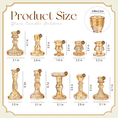 Mumufy 10 Sets Glass Crystal Taper Candle Holders Stand Centerpiece Bulk with 10 in Taper Candles Sticks Clear Decorations Table Wedding Dining Party (Gold)