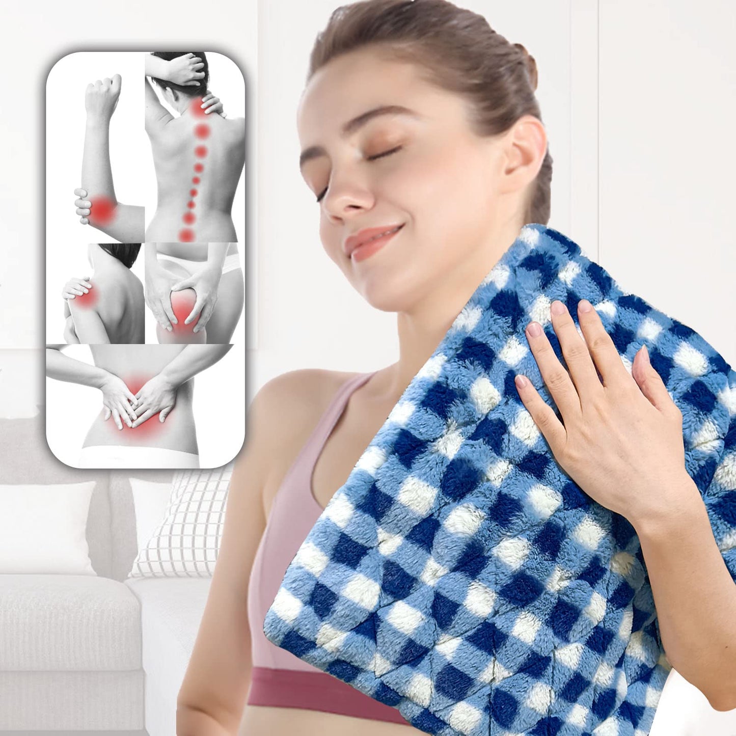 GOQOTOMO Full Weighted Electric Heating Pad for Back/Waist/Abdomen/Shoulder/Neck Pain and Cramps Relief - 2.3 lb Weighted with Auto-Shut Hot Heated Pad(12 * 24", LB002) Blue&White Grid
