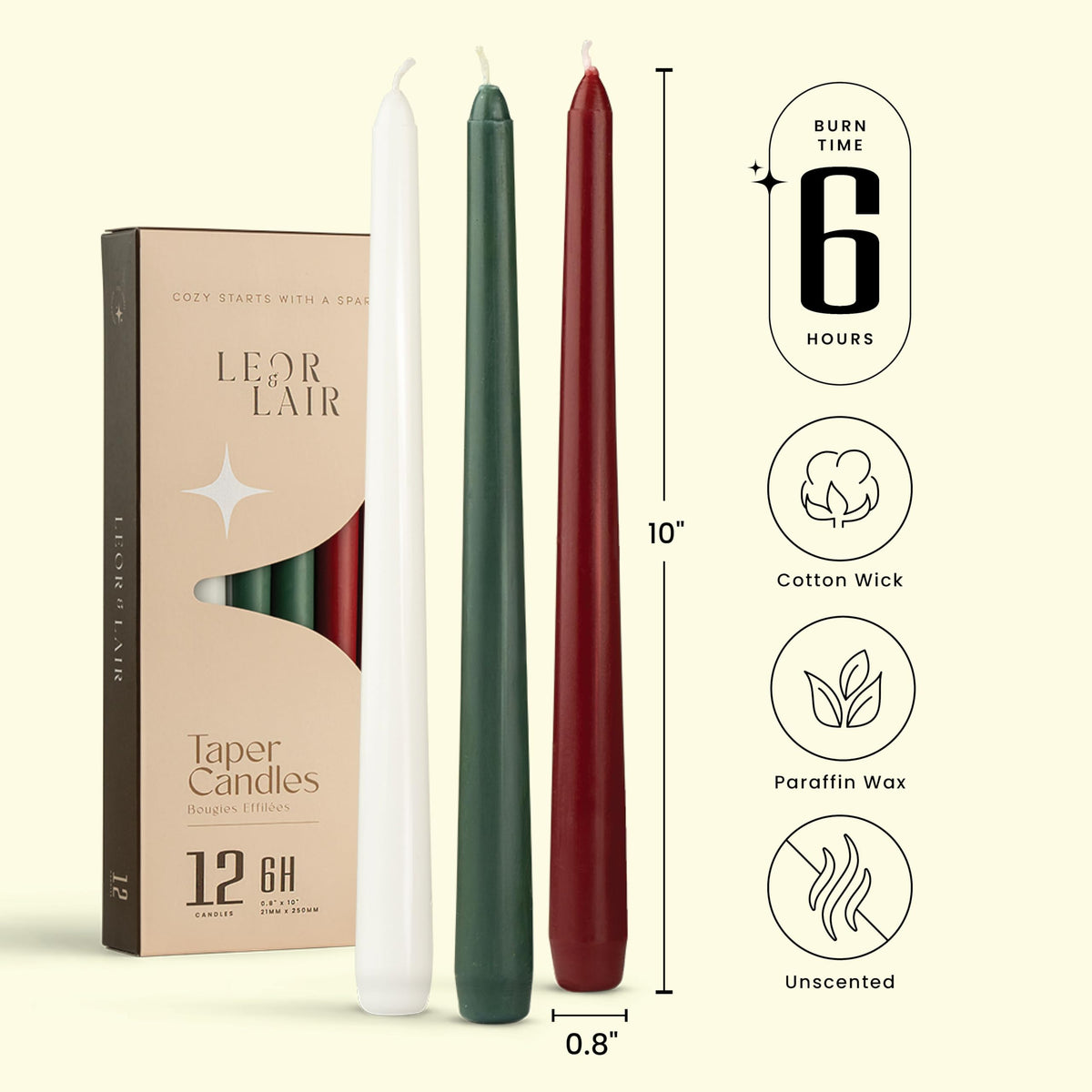 Leor & Lair 10” Christmas Taper Candles – 12 Pack of Red, Green & White Christmas Candlesticks – Long Burning Holiday Dinner Table Candles for Advent, Weddings & Home Décor