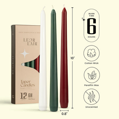 Leor & Lair 10” Christmas Taper Candles – 12 Pack of Red, Green & White Christmas Candlesticks – Long Burning Holiday Dinner Table Candles for Advent, Weddings & Home Décor