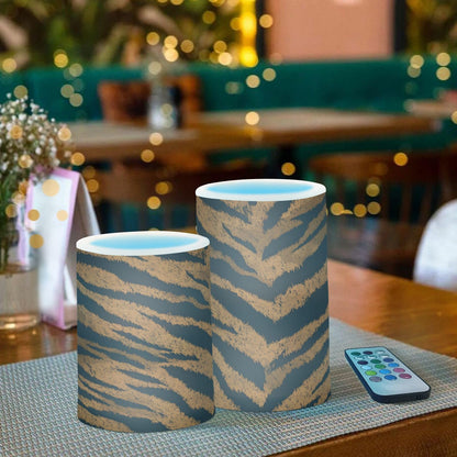 panksolu Flickering Flameless Candles, Tiger Skin Print LED Candles with Remote Timer, Battery Operated Candle forWedding Halloween Christmas Decor - Set of 2