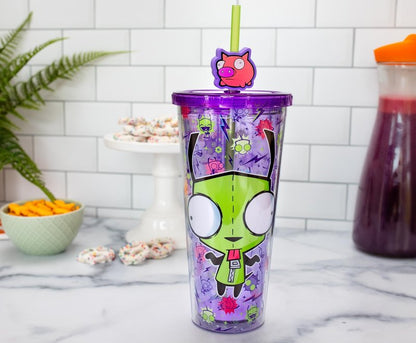 Silver Buffalo Invader Zim Gir Pattern Plastic Cold Cup with Lid and Straw Topper, 24 Ounces