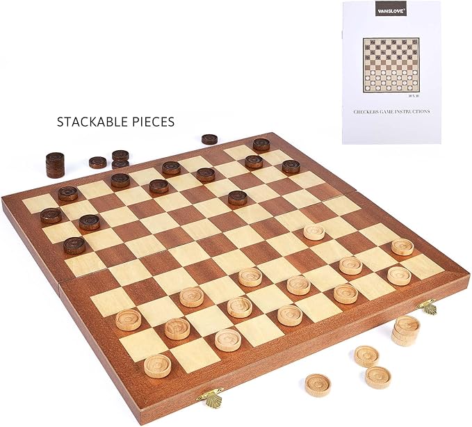 VAMSLOVE 15inch Checkers Folding Wooden Game Set 100 Square Checkerboard International Checkers Draughts Board 10x10 for Kids with Pieces Storage Slots (Instructions Included)