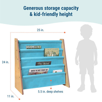 Wildkin Wooden Sling Bookshelf for Kids – Premium Canvas Design with 4 Fabric Shelves, Organizer for Home or Classroom - Natural w/Aqua