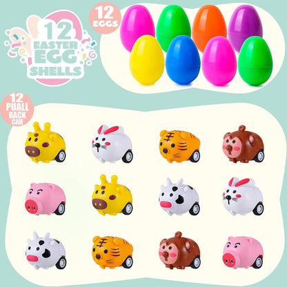 BAINFE 12PCS Easter Eggs with Pull Back Car Toys, Plastic Eggs with Cartoon Animal Vehicles for Kids Easter Egg Hunts, Easter Basket Stuffers Fillers, Easter Party Favor Classroom Prize Supplies