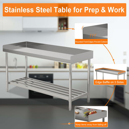 ActiveTrail Stainless Steel Work Table,24"X48" NSF Commercial Kitchen Prep Table with Backsplash & Adjustable Shelf,Heavy Duty Workstation for Restaurant, Home & Hotel