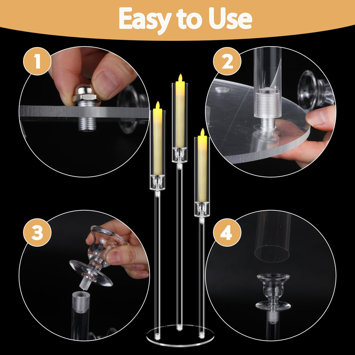 6 Set 3 Arms Acrylic Candelabras with Shades,31" Candelabra Centerpieces for Wedding Decorations,Clear Candle Holder for Table Decoration,Dinner Party,Candlesticks Holder Fits 0.87“LED Candle