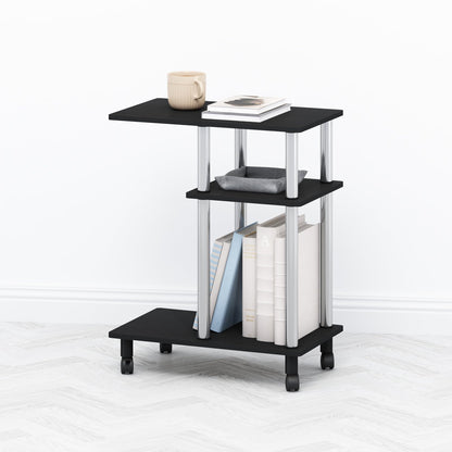 Furinno TOMI Side Table, 3-Tier C-Shape Open Shelf End Table with Wheels, Night Stand, Bedside Table, Toolless Assembly, for Living Room, Bedroom, Americano/Stainless Steel