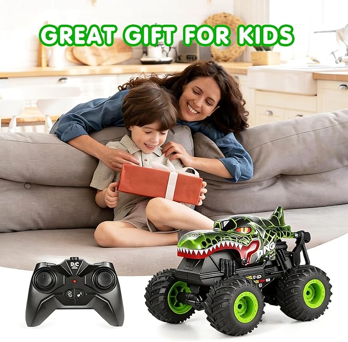 DYODYORC Remote Control Car 2.4Ghz All Terrain Dinosaur Monster Truck Toys RC Truck with Music 3 Lighting Effects 360 Stunt Capable 2 Batteries Ready to Run Toy Gifts for Boys and Girls (Green)