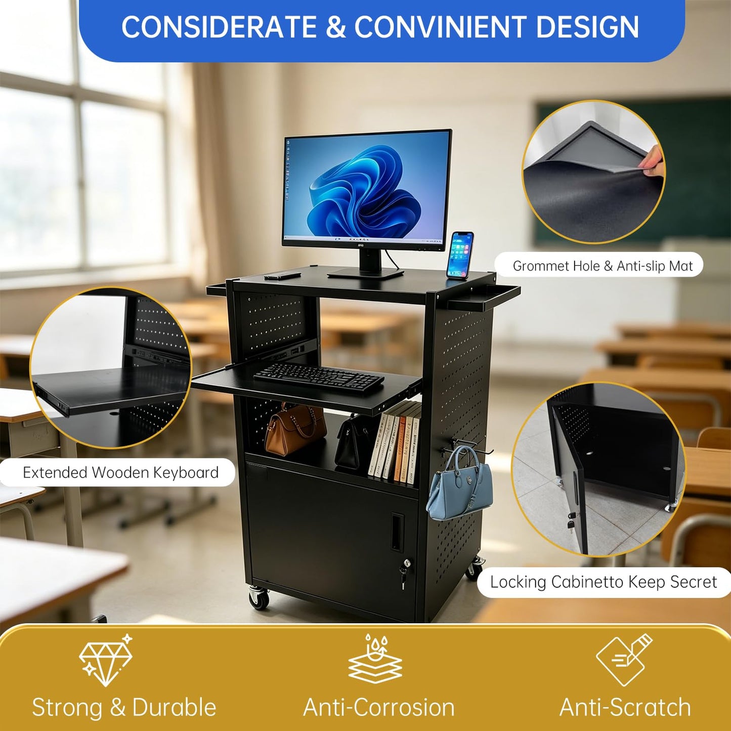 Upgraded AV Cart with Power Strip, Mobile Media Workstation with Pegboard & 12 Hooks, Locking Cabinet, Pull-Out Keyboard Tray, Rolling Computer Cart, Utility Trolley (40" x 18" x 31.5")