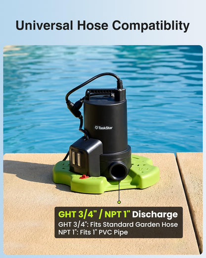 TaskStar 3035 GPH Automatic Pool Cover Pump with 23ft Hose Kit, 1/3 HP Submersible Water Pump with Anti-Clogging Filter Net & 3/4” Check Valve Adapter for Swimming Pool, Hot Tubs, Pond, Rooftops